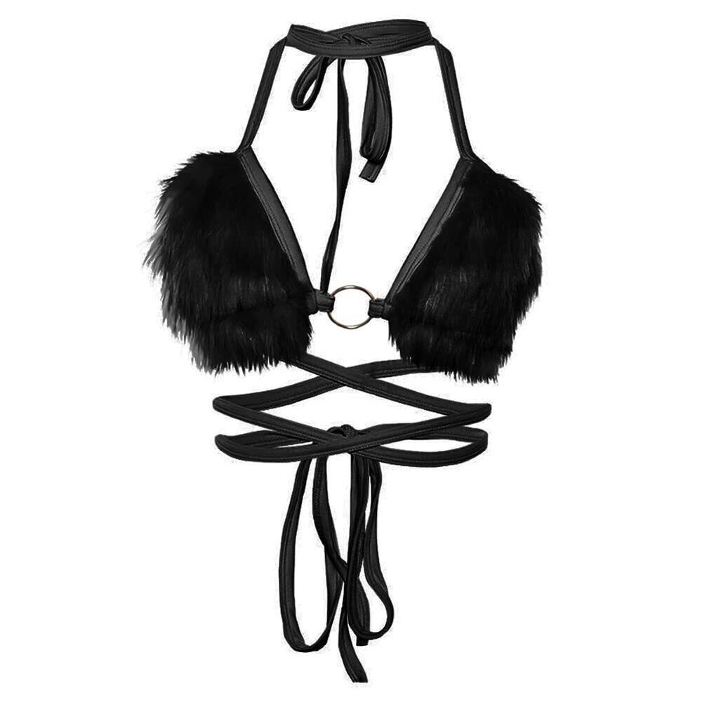 9915 Rave Bra Top Fluffy Faux Fur Spaghetti Straps Halter Neck Triangle